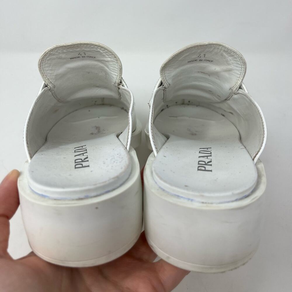 Prada Spazzolato Brushed Leather White Triangle Logo Mules  Size 41 - Picture 7 of 8